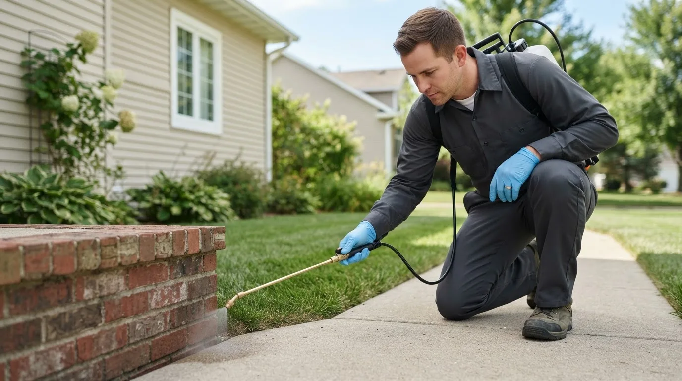 Pest control technician treating a home near Hillsboro, IL